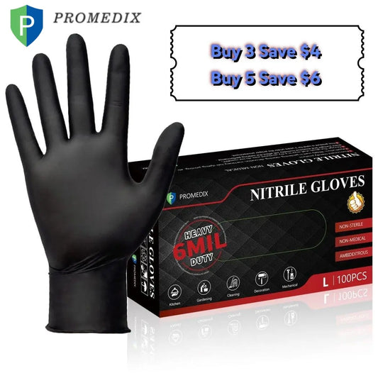 PROMEDIX P Heavy Duty 6Mil Nitrile Gloves - 100 Count Black Disposable, Latex-Free, Powder-Free, Reusable for Industrial, Automotive, Food Processing, Gardening, and Salon Use - Ideal for Cleaning and Pet Hair Removal