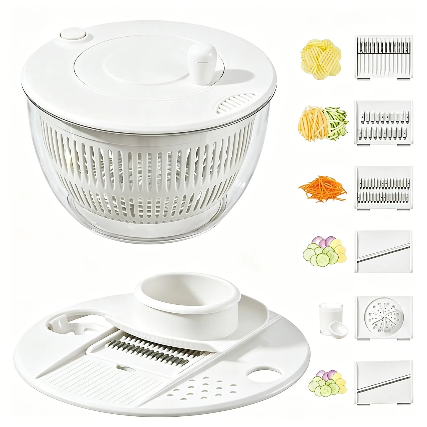 UFORU Large Salad Spinner - 3-in-1 Vegetable and Fruit Washing Bowl with Strainer, Lettuce Spinner with 5-Blade Slicer, Egg Yolk Strainer, and Salad Bowl for Efficient Salad Preparation, 5.3 Qt Kitchen Gadget Set