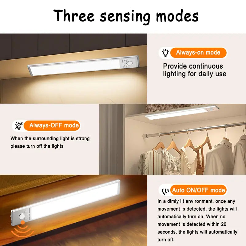 Under Cabinet LED Strip Lights with Motion Sensor, 76 LEDs, Dimmable, 1500mAh USB Rechargeable, Wireless for Kitchen, Wardrobe, and Shower Use