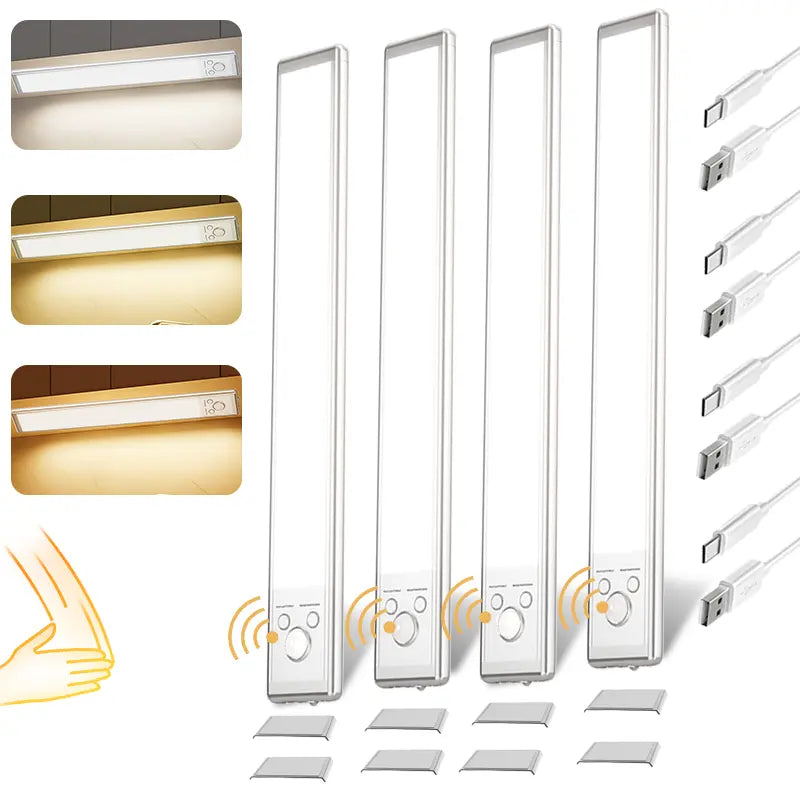 Under Cabinet LED Strip Lights with Motion Sensor, 76 LEDs, Dimmable, 1500mAh USB Rechargeable, Wireless for Kitchen, Wardrobe, and Shower Use