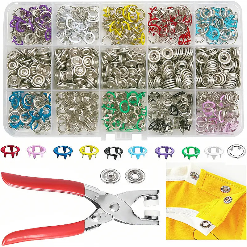 200-Piece Claw Button Kit with Pliers - 9.5mm Snap Fasteners for Fabrics (1-3 cm Thickness) - Complete Metal Snaps Tool Set with Seam-Free Nail Buttons and Hand Press Fastener Pliers