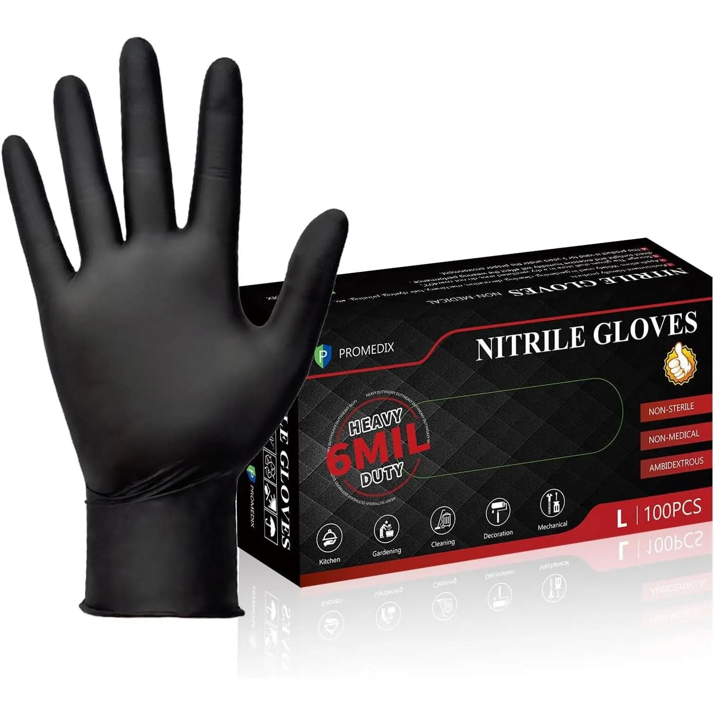 PROMEDIX P Heavy Duty 6Mil Nitrile Gloves - 100 Count Black Disposable, Latex-Free, Powder-Free, Reusable for Industrial, Automotive, Food Processing, Gardening, and Salon Use - Ideal for Cleaning and Pet Hair Removal