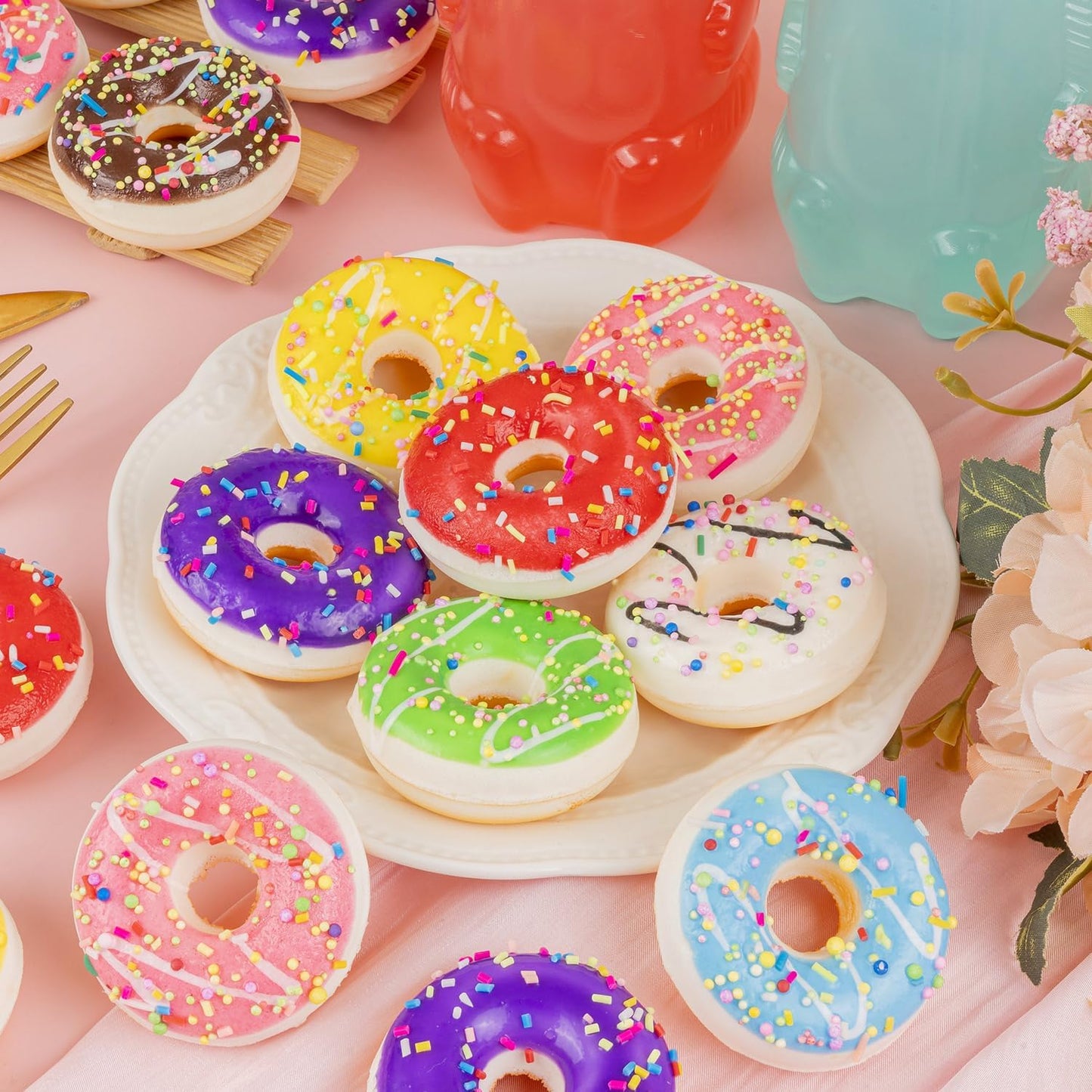 8Pcs Donut Stress Ball, 2" Artificial Donut Stress Relief Exercise Balls, Small Fake Donuts for Birthday Party Favors, Shop Decoration, Shooting Props Display