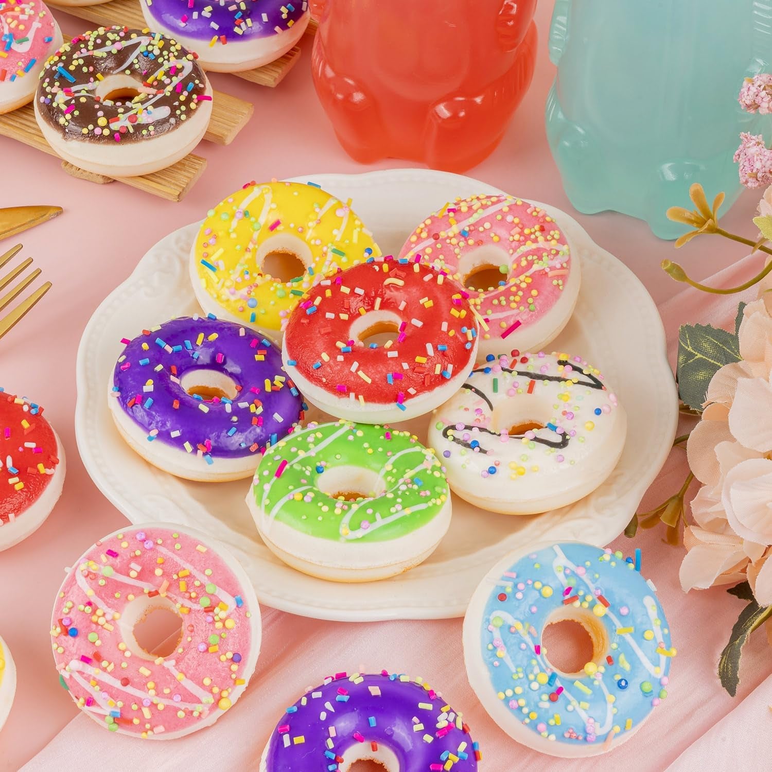 8Pcs Donut Stress Ball, 2" Artificial Donut Stress Relief Exercise Balls, Small Fake Donuts for Birthday Party Favors, Shop Decoration, Shooting Props Display