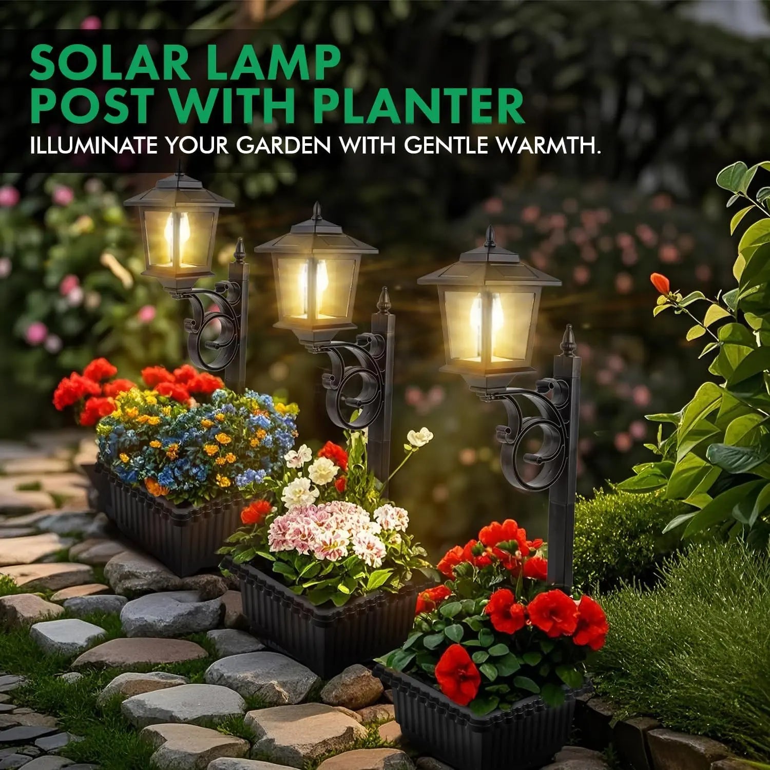 Hoodink Solar Post Light with Planter - 2-in-1 Outdoor Decor for Easter and Wedding Celebrations, Black Finish for Porch, Front Door, Patio, and Roadside Enhancement