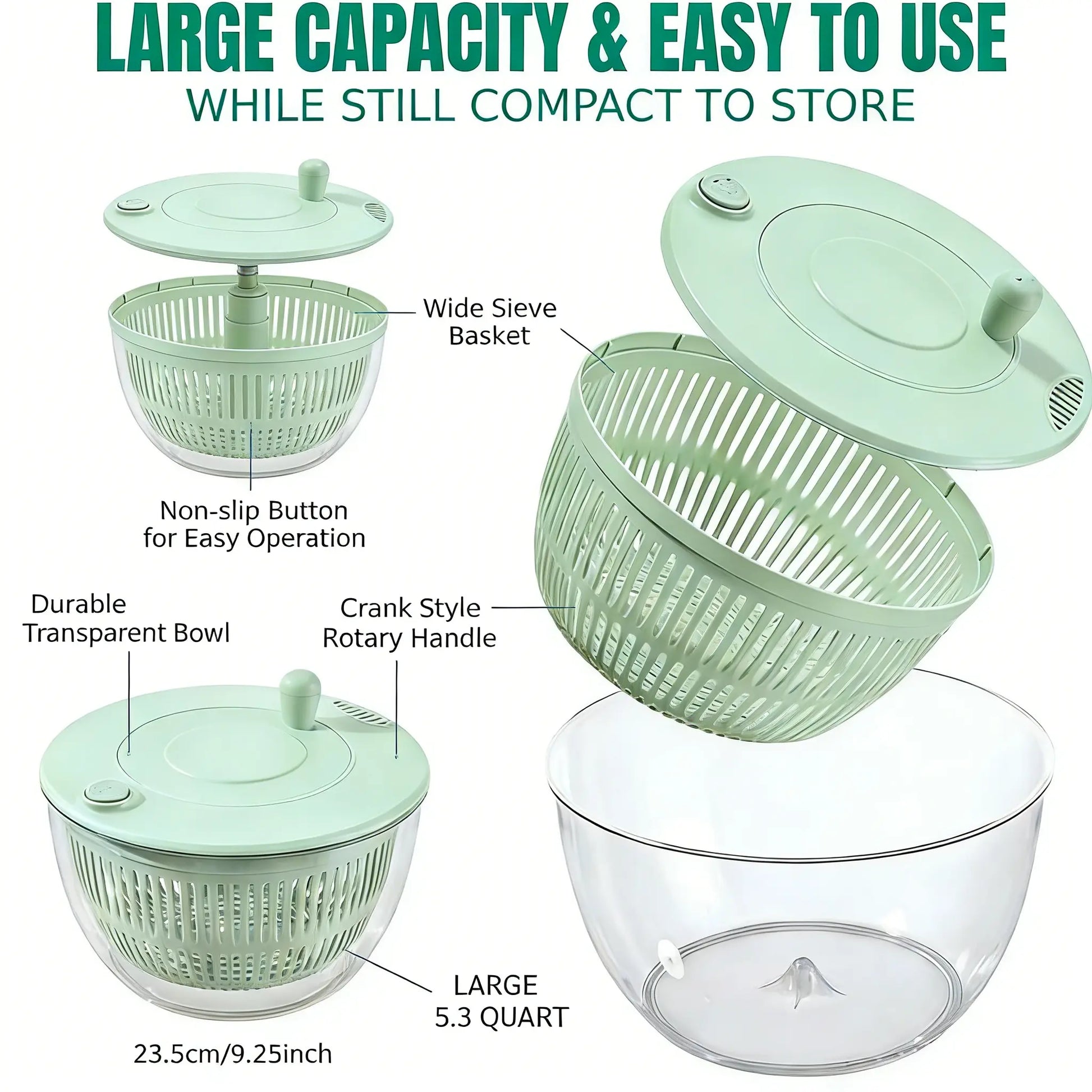 UFORU Large Salad Spinner - 3-in-1 Vegetable and Fruit Washing Bowl with Strainer, Lettuce Spinner with 5-Blade Slicer, Egg Yolk Strainer, and Salad Bowl for Efficient Salad Preparation, 5.3 Qt Kitchen Gadget Set