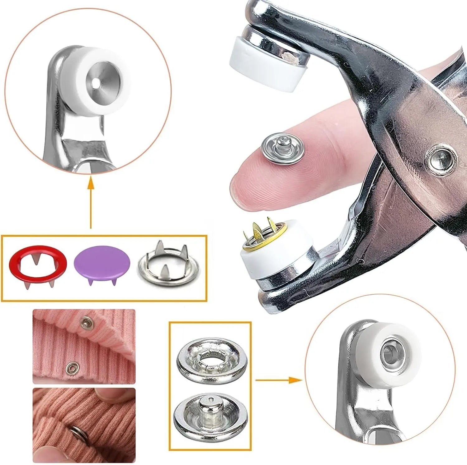 200-Piece Claw Button Kit with Pliers - 9.5mm Snap Fasteners for Fabrics (1-3 cm Thickness) - Complete Metal Snaps Tool Set with Seam-Free Nail Buttons and Hand Press Fastener Pliers