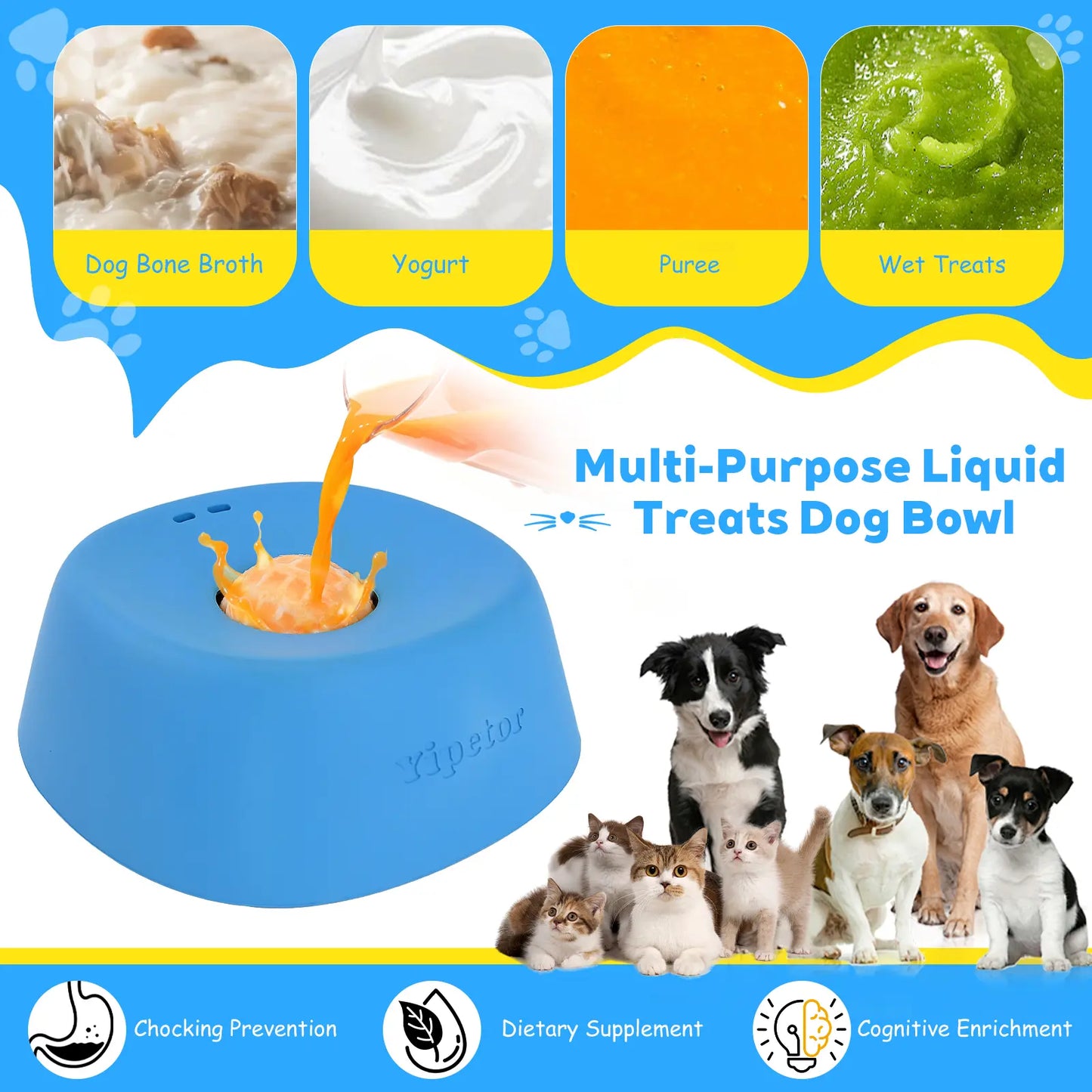 Yipetor Slow Feeder Dog Bowl with Built-In Rolling Ball for Liquids, No-Spill Bone Broth Licking Bowl, Versatile Puppy Yogurt Feeder for All Breeds, Ideal for Dietary Supplements and Post-Operative Nutrition