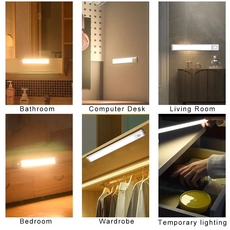 Under Cabinet LED Strip Lights with Motion Sensor, 76 LEDs, Dimmable, 1500mAh USB Rechargeable, Wireless for Kitchen, Wardrobe, and Shower Use