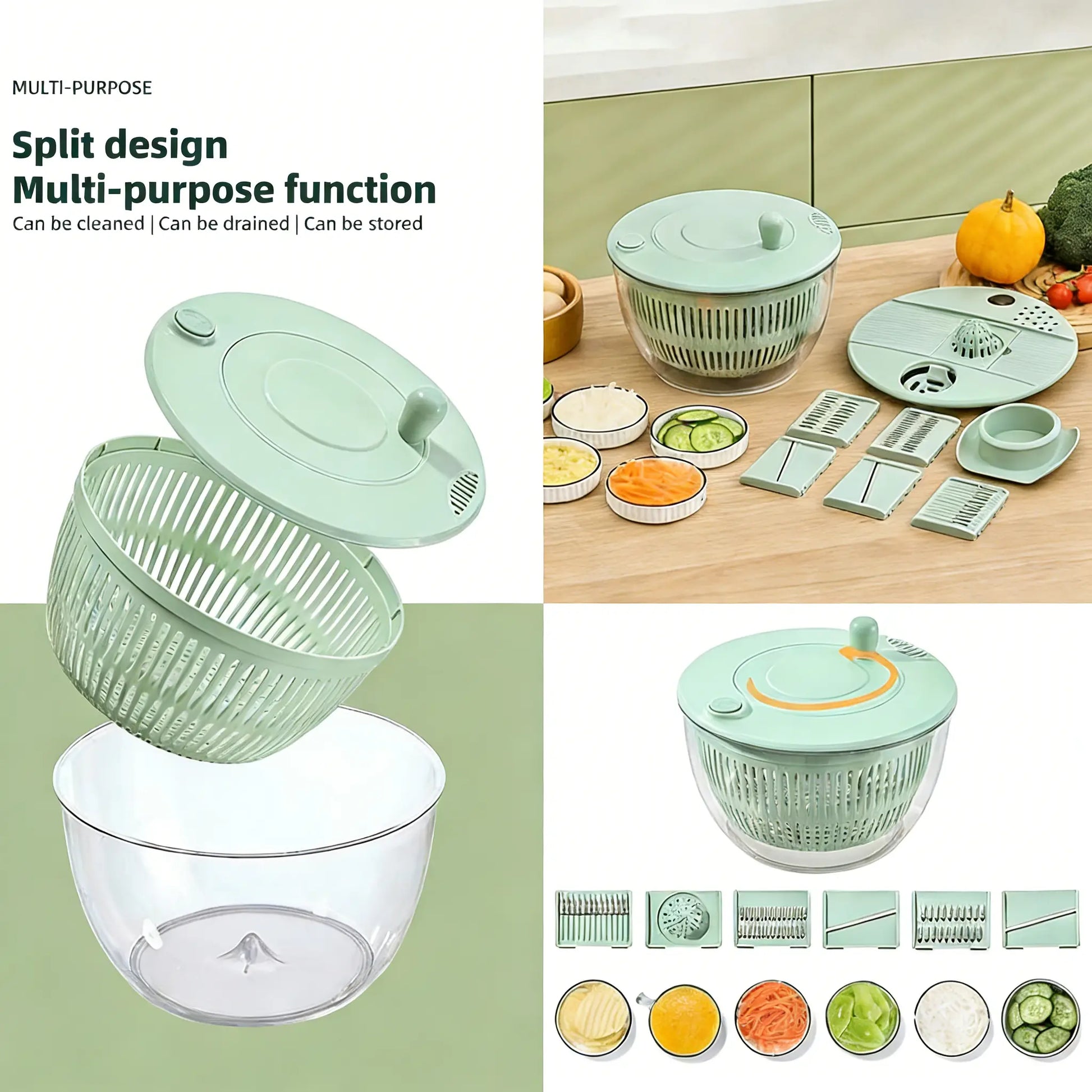 UFORU Large Salad Spinner - 3-in-1 Vegetable and Fruit Washing Bowl with Strainer, Lettuce Spinner with 5-Blade Slicer, Egg Yolk Strainer, and Salad Bowl for Efficient Salad Preparation, 5.3 Qt Kitchen Gadget Set