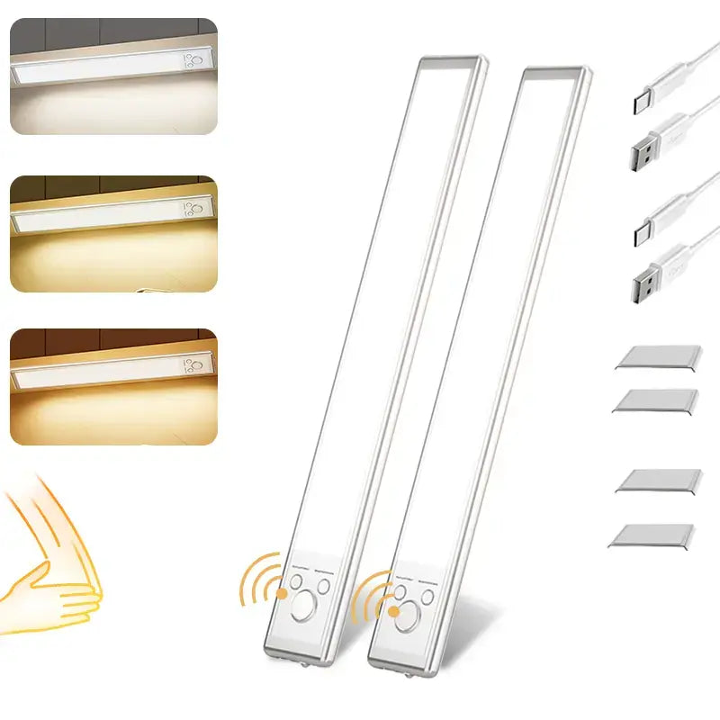 Under Cabinet LED Strip Lights with Motion Sensor, 76 LEDs, Dimmable, 1500mAh USB Rechargeable, Wireless for Kitchen, Wardrobe, and Shower Use