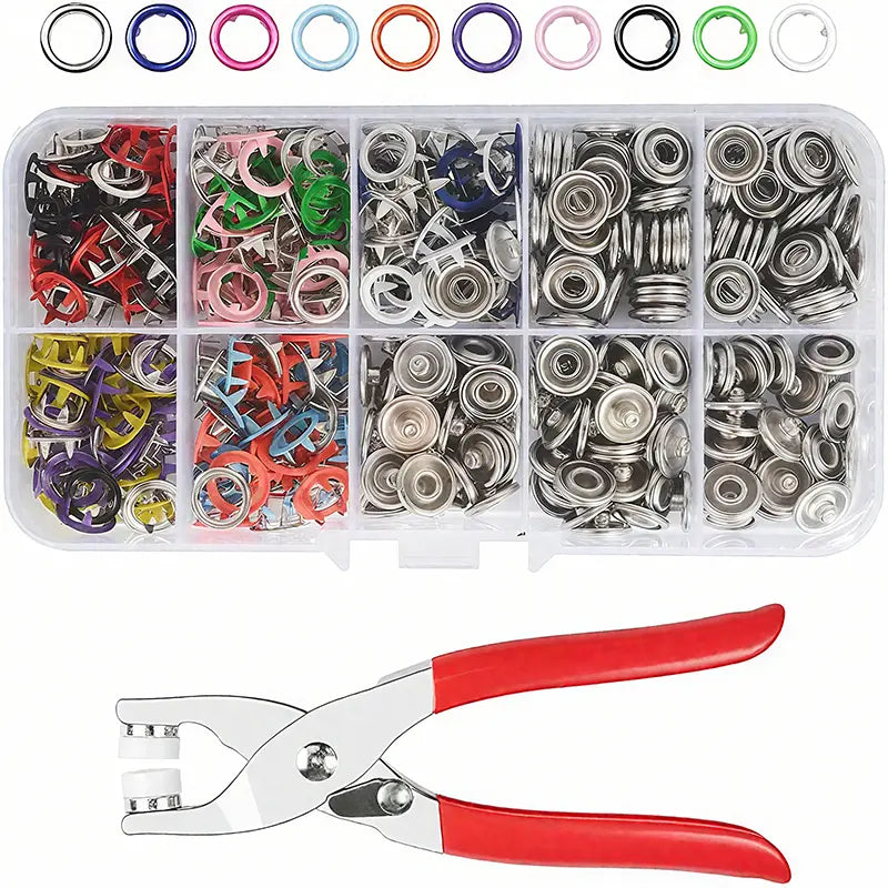 200-Piece Claw Button Kit with Pliers - 9.5mm Snap Fasteners for Fabrics (1-3 cm Thickness) - Complete Metal Snaps Tool Set with Seam-Free Nail Buttons and Hand Press Fastener Pliers