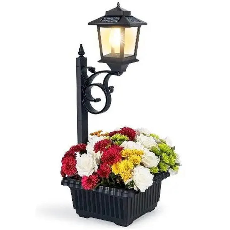 Hoodink Solar Post Light with Planter - 2-in-1 Outdoor Decor for Easter and Wedding Celebrations, Black Finish for Porch, Front Door, Patio, and Roadside Enhancement