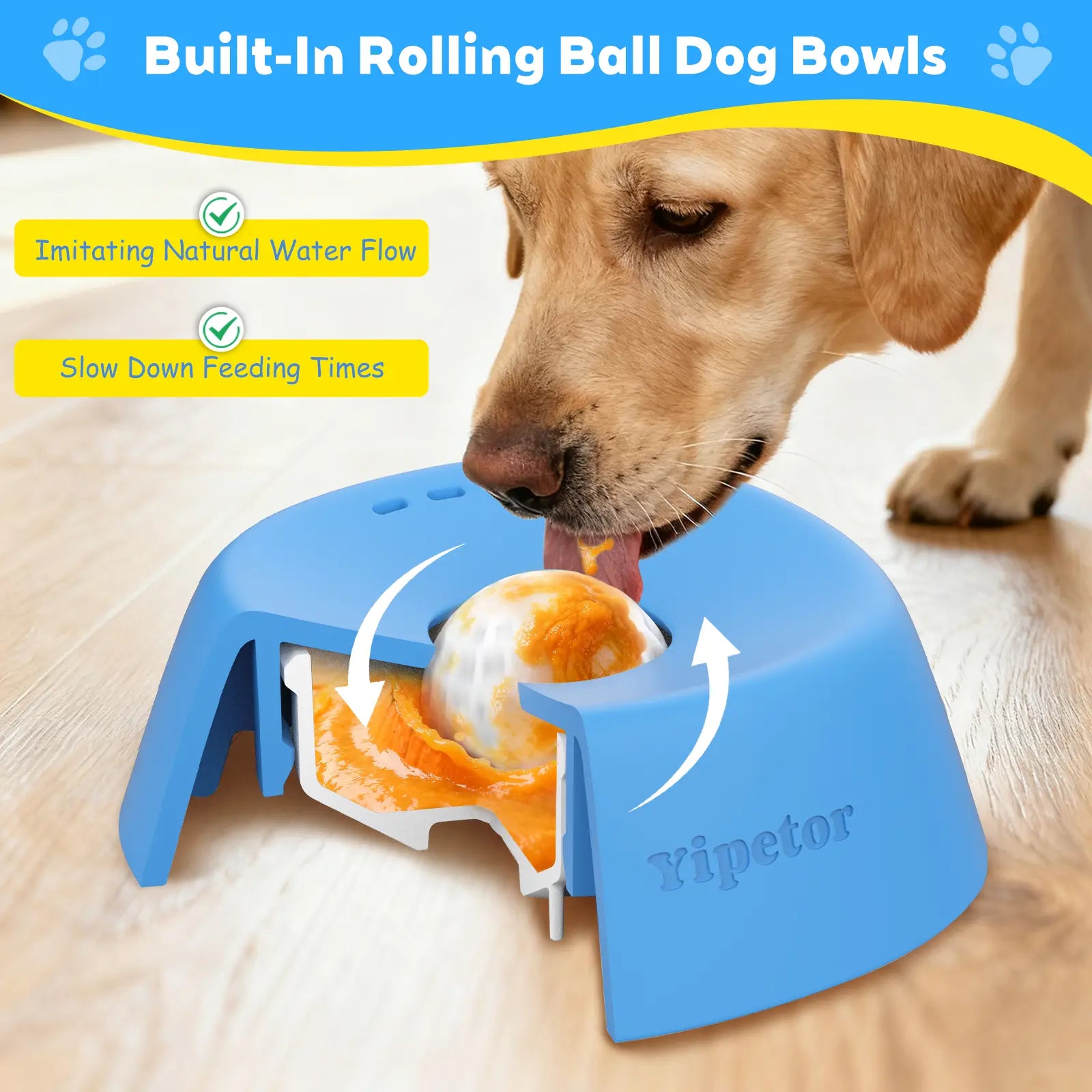 Yipetor Slow Feeder Dog Bowl with Built-In Rolling Ball for Liquids, No-Spill Bone Broth Licking Bowl, Versatile Puppy Yogurt Feeder for All Breeds, Ideal for Dietary Supplements and Post-Operative Nutrition