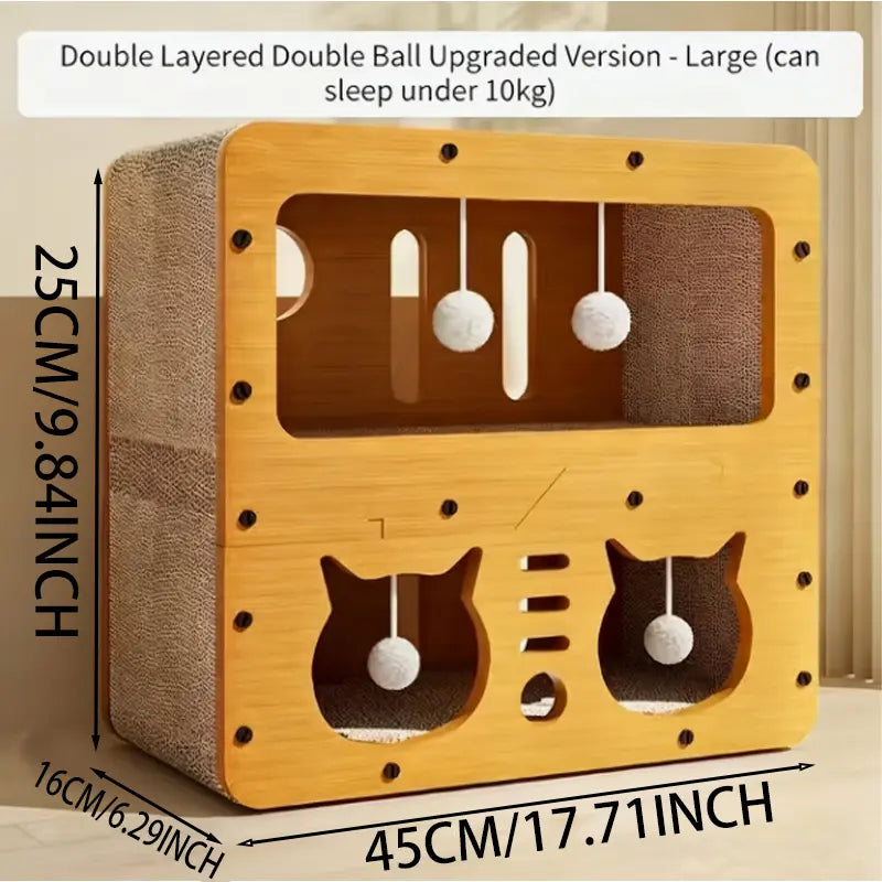 Ultimate Cat House: Spacious Indoor & Outdoor Multi-Functional Condo with Scratch Pads, Plush Balls, and Ventilated Door - Durable Plywood & Kraft Paper Shelter for Your Feline Friend