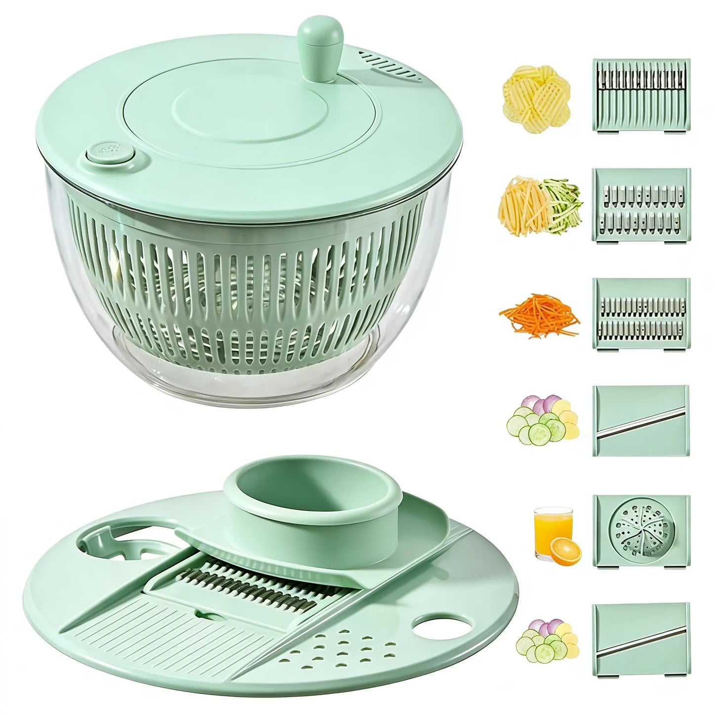 UFORU Large Salad Spinner - 3-in-1 Vegetable and Fruit Washing Bowl with Strainer, Lettuce Spinner with 5-Blade Slicer, Egg Yolk Strainer, and Salad Bowl for Efficient Salad Preparation, 5.3 Qt Kitchen Gadget Set