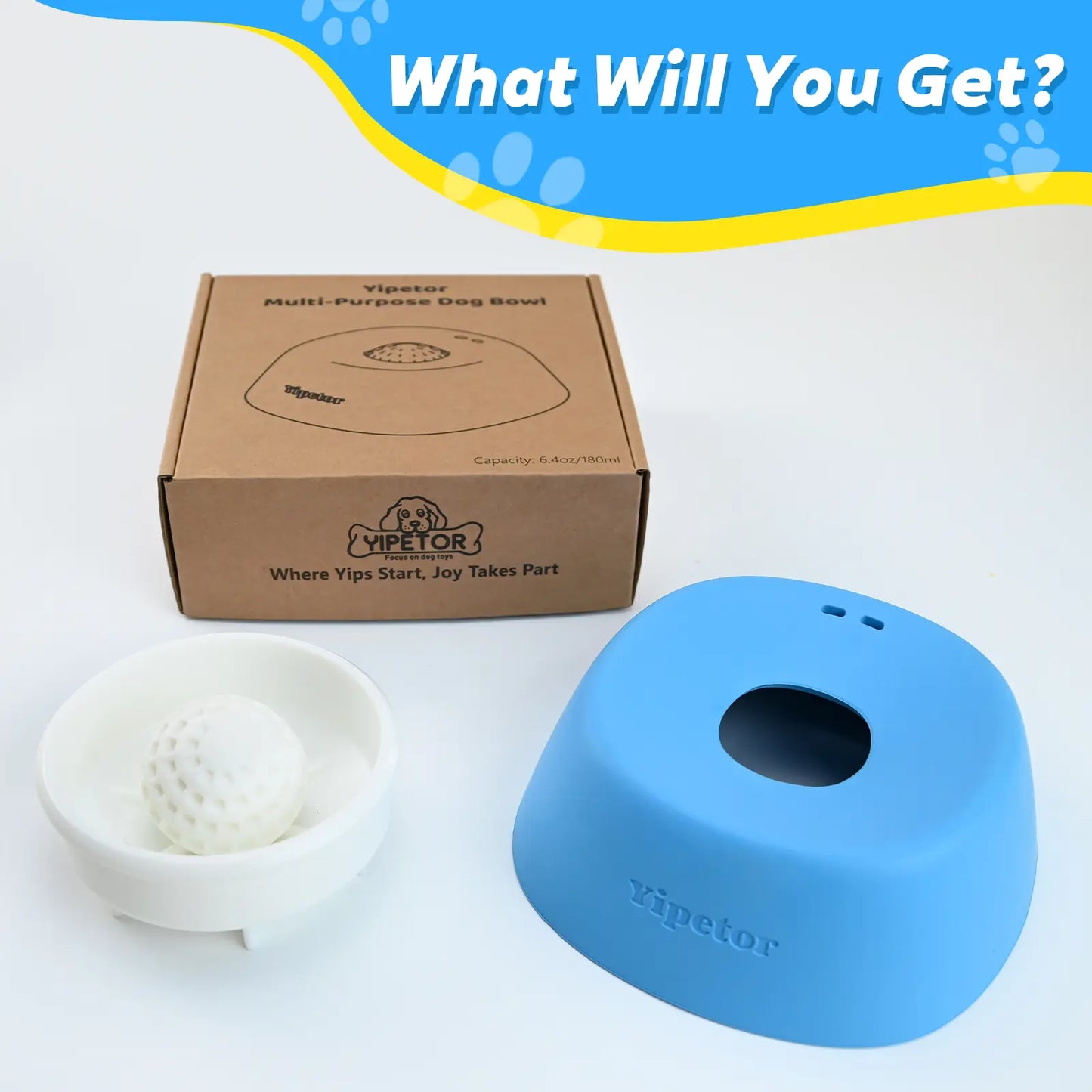 Yipetor Slow Feeder Dog Bowl with Built-In Rolling Ball for Liquids, No-Spill Bone Broth Licking Bowl, Versatile Puppy Yogurt Feeder for All Breeds, Ideal for Dietary Supplements and Post-Operative Nutrition