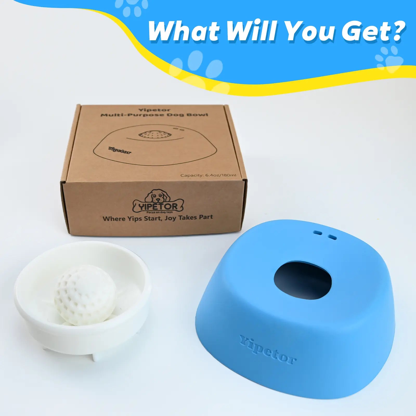 Yipetor Slow Feeder Dog Bowl with Built-In Rolling Ball for Liquids, No-Spill Bone Broth Licking Bowl, Versatile Puppy Yogurt Feeder for All Breeds, Ideal for Dietary Supplements and Post-Operative Nutrition