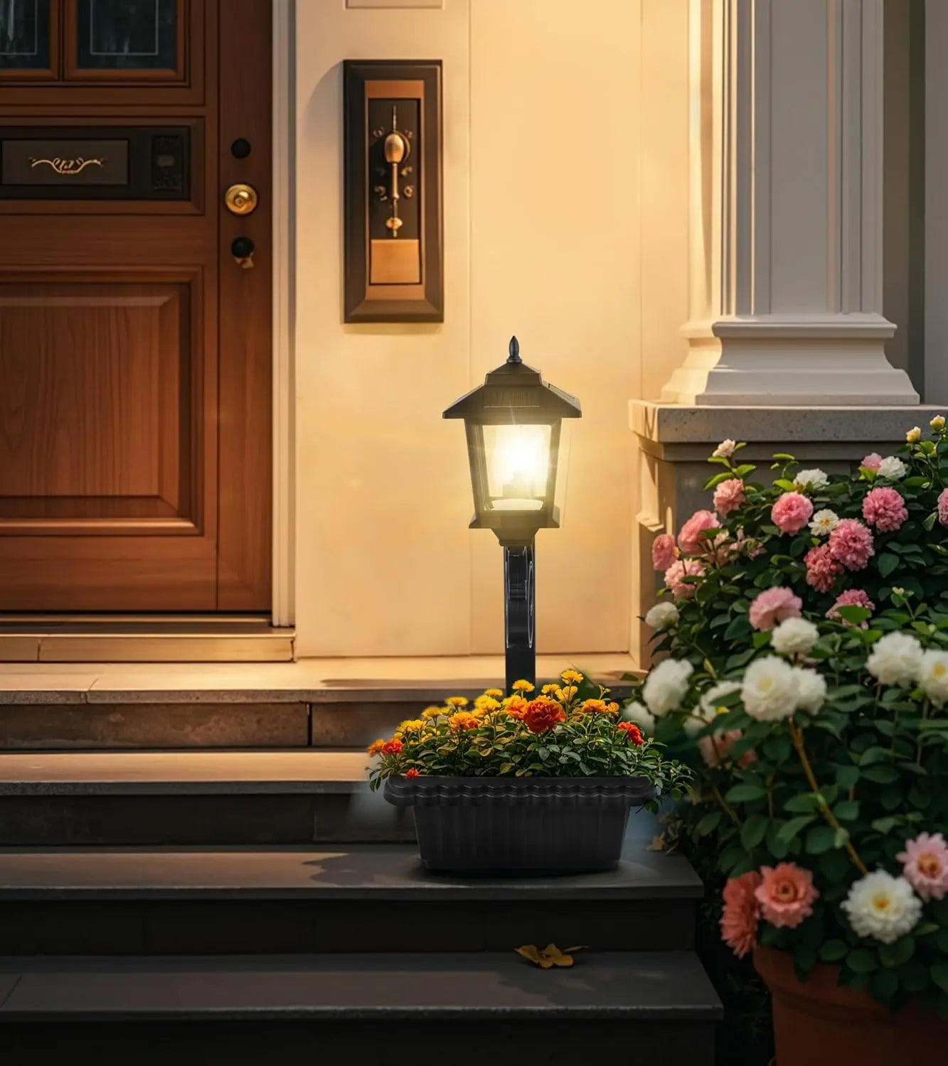 Hoodink Solar Post Light with Planter - 2-in-1 Outdoor Decor for Easter and Wedding Celebrations, Black Finish for Porch, Front Door, Patio, and Roadside Enhancement