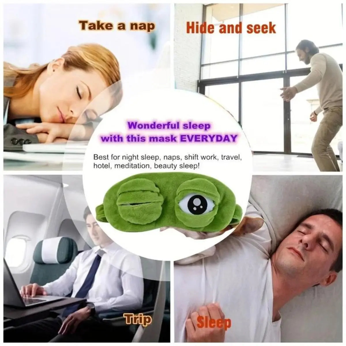 3D Frog Eye Mask - 9cm Cotton and Plush Soft Cartoon Eye Shade, Hypoallergenic Adjustable Strap Portable Blindfold for Travel, Unique Gift for Adults