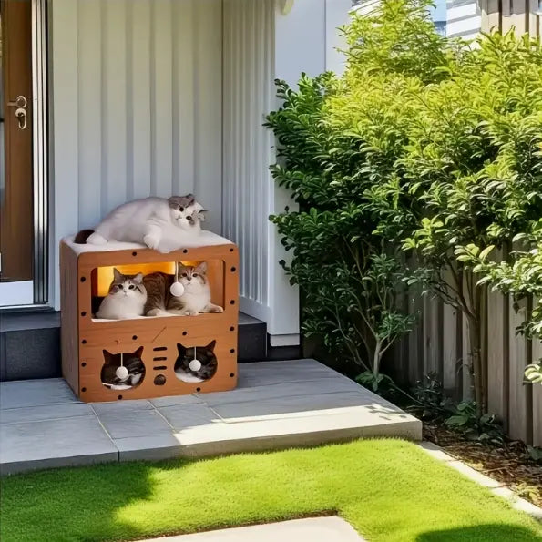 Ultimate Cat House: Spacious Indoor & Outdoor Multi-Functional Condo with Scratch Pads, Plush Balls, and Ventilated Door - Durable Plywood & Kraft Paper Shelter for Your Feline Friend