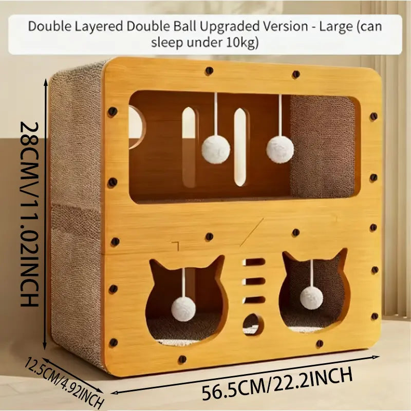 Ultimate Cat House: Spacious Indoor & Outdoor Multi-Functional Condo with Scratch Pads, Plush Balls, and Ventilated Door - Durable Plywood & Kraft Paper Shelter for Your Feline Friend