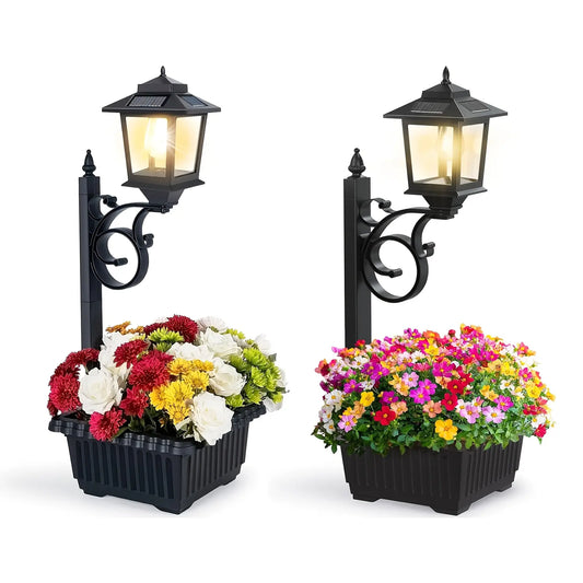 Hoodink Solar Post Light with Planter - 2-in-1 Outdoor Decor for Easter and Wedding Celebrations, Black Finish for Porch, Front Door, Patio, and Roadside Enhancement