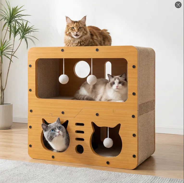 Ultimate Cat House: Spacious Indoor & Outdoor Multi-Functional Condo with Scratch Pads, Plush Balls, and Ventilated Door - Durable Plywood & Kraft Paper Shelter for Your Feline Friend