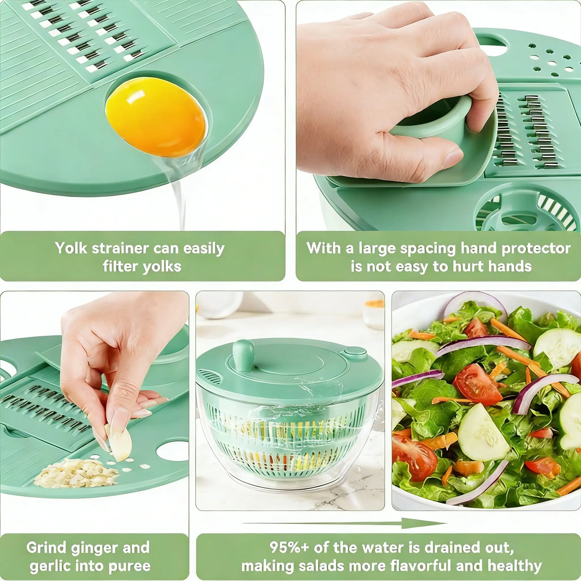 UFORU Large Salad Spinner - 3-in-1 Vegetable and Fruit Washing Bowl with Strainer, Lettuce Spinner with 5-Blade Slicer, Egg Yolk Strainer, and Salad Bowl for Efficient Salad Preparation, 5.3 Qt Kitchen Gadget Set