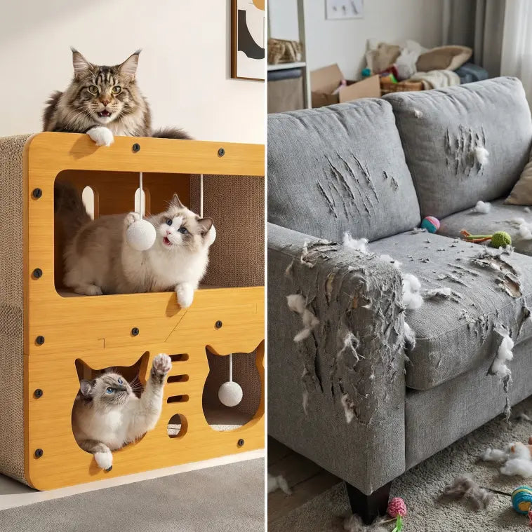 Ultimate Cat House: Spacious Indoor & Outdoor Multi-Functional Condo with Scratch Pads, Plush Balls, and Ventilated Door - Durable Plywood & Kraft Paper Shelter for Your Feline Friend