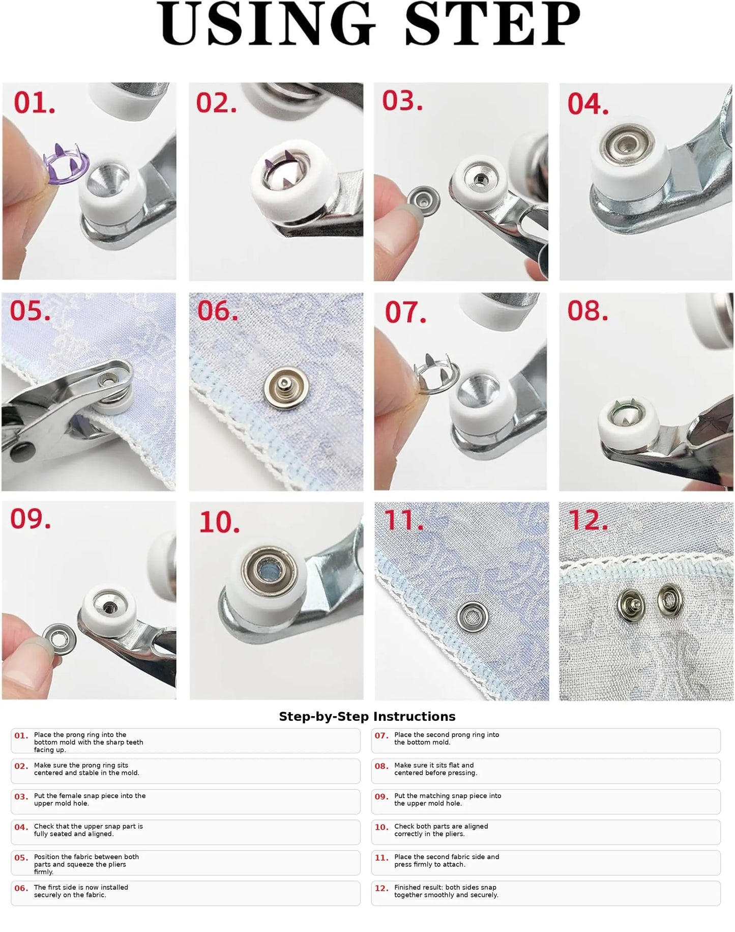 200-Piece Claw Button Kit with Pliers - 9.5mm Snap Fasteners for Fabrics (1-3 cm Thickness) - Complete Metal Snaps Tool Set with Seam-Free Nail Buttons and Hand Press Fastener Pliers